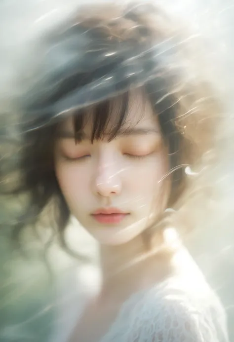 photorealistic portrait of a beautiful young woman,very blurry,out of focus,translucent stone white skin,closed eyes,foggy,closeup,