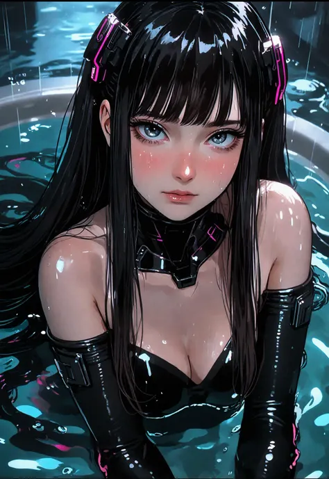 realistic, Analog style, vhs style, 8mm film, chromatic aberration, Dvd screengrab, 80s sci-fi , cinematic lighting, 1girl, adult, extremely long hair, hair covering both eyes, plugsuit, cyberpunk, science fiction, laying down on back in water, submerged, bathtub, sinking, ice, dark room, neruojack, cables, cords, plugs, masterpiece, hyper detailed, semi realistic, 8k, high details, realsitic shadow