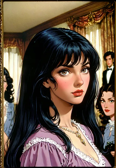 Dvd screengrab, from 1985 dark fantasy film, vintage style art, Kodachrome Photograph of a woman with pronounced hyper - feminine features designed to attract marriage - minded woman, hyper - realistic, high detail, realsitic shadow,black hair,