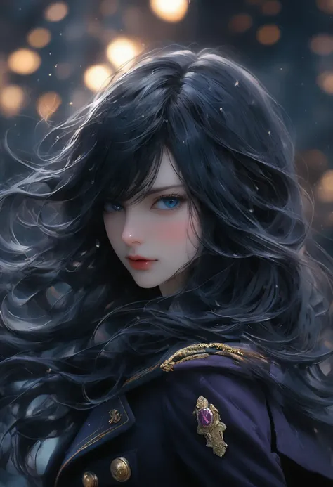 A professional horror photograph of beautiful girl, resplendent, extremely delicate and beautiful ,detailed face, perfect eyes, perfect nose, perfect lips, pale skin, detailed Layered hair, detailed Blue-black hair, (wind effect:1.5), super model, slender, intricate medium breasts, (perfect anatomy, anatomically correct, human anatomy, proportionate body), Mysterious purpure background,
break
Dim, Mysterious, Frightening purpure,  the paranormal, with intricately detailed ogres, inspired by Chanel Thomas and AndrÃ© Masson, 
break
fashionable Military-inspired coat with gold buttons and epaulettes designed by Tom Ford and Malcolm Liepke,  [(details:1.2): [ (many small details:1.3) : [ (many ultrasmall details: 1.2):(very detailed ultrasmall edges and microrelief:1.5):0.7 ]: 0.4 ] :0.2]
break
face focus, Bokeh, dynamic angle, velvia, film grain, bokeh, lifelike, cinematic, ac_neg1,
break
(best quality, masterpiece:1.5), (dark shot, best shadow:1.2), highres, raw photo, ultra high res, (photorealistic:1.5), ultra photoreal, (hyper realistic:1.5), professional, absurdres, ultra detailed, extremely detailed, intricately detailed, HDR, UHD, 4K, 8K, 64K,  Poster, Cinema Poster, Concept work, wallpaper, timeless,