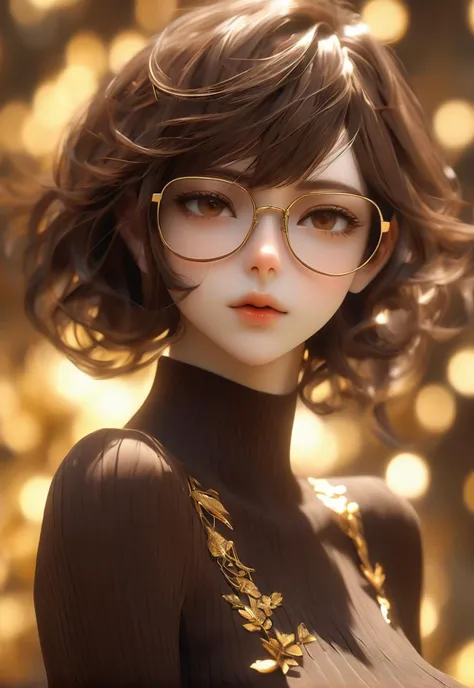 A beautiful girl,extremely delicate and beautiful,detailed face,perfect eyes,perfect nose,perfect lips,pale skin,detailed pixie cut,detailed long chocolate brown hair,(wind effect:1),with gold rimmed glasses,super model,slim,complex medium breasts,(perfect anatomy, anatomically correct, human anatomy, body proportions),
[detail:1.2): [(many small details:1.3): [(many super small details:1.2): (very detailed super small edges and micro relief:1.5):0.7 ]:0.4 ] :0.2],yellow theme,