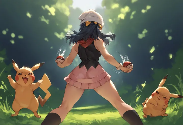zPDXL, hi res
BREAK 1girl, dawn \(pokémon\), holding pokeball, outside, forest, pikachu, rear view, action pose, action lines
<lora:scoreSlider_ponyXL_v10:1> <lora:polki_ponyXL_v10:0.8>