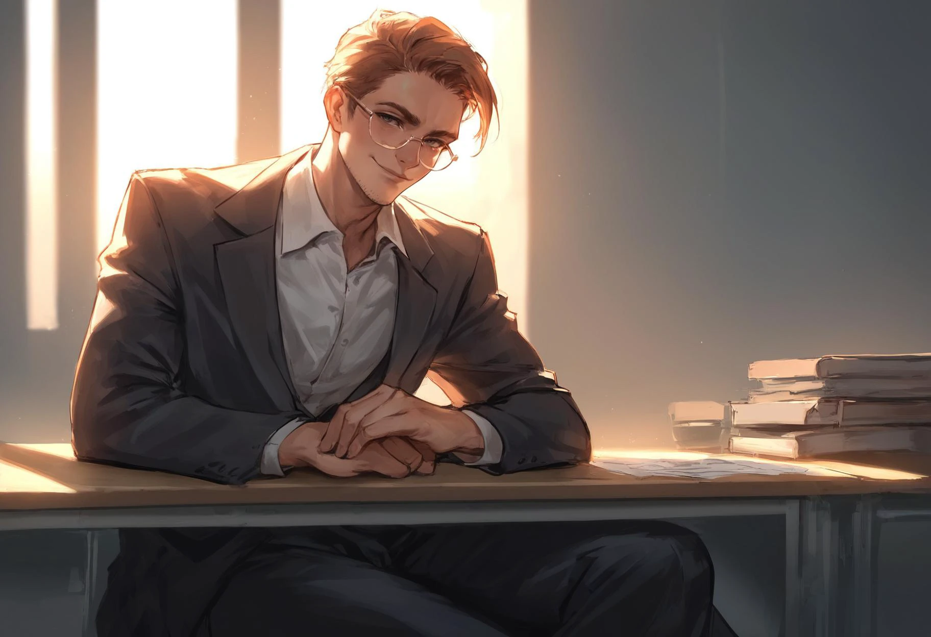zPDXL, hi res
BREAK 1boy, solo, stubble, glasses, suit, office, windows, backlighting, dramatic lighting, smirk, sitting, behind desk, front view, hands clapsed
<lora:scoreSlider_ponyXL_v10:1> <lora:polki_ponyXL_v10:0.8>