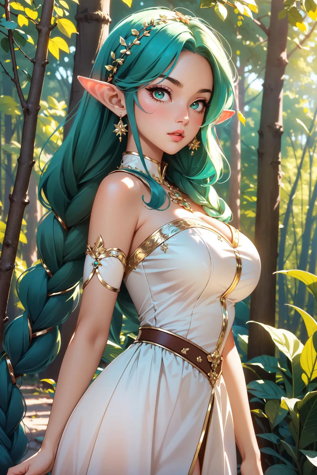 (masterpiece, best quality:1.4), (beautiful, aesthetic, perfect, delicate, intricate:1.2), (depth of field:1.4), (cute, adorable), cinematic shot, soft lighting, (1girls, solo:1.4), (perfect female form, perfect face, glossy lips, eyeliner), (green hair, thick braid), (gigantic natural breasts, narrow waists), on a forrest, surrounded by flowers, pointy ears, elf girl, elven, (cowboy shot), <lora:NijiRender:0.3>, <lora:LowRA:0.25>,