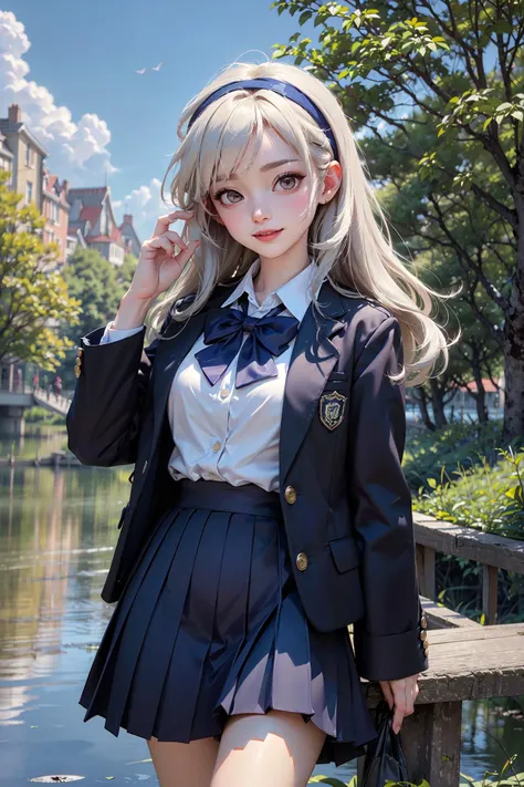 (masterpiece, best quality, 8k wallpaper, highest picture quality, hyperdetailed, illustration, oficial art, colorful, fantasy, absurdres), 1girl, perfect female body, physically-based rendering, detailed face, smiling, happy, white platinum hair, long hair, headband, (dark blue JK_suit1.8), (white JK_shirt), JK_style, (dark blue JK_skirt), (dark blue bow JK_tie), looking at viewer, standing on a bridge, posing, outdoor, autum, river, trees, bushes, leaves, sky, clouds, (cowboy shot), <lora:jk uniform:0.6>,