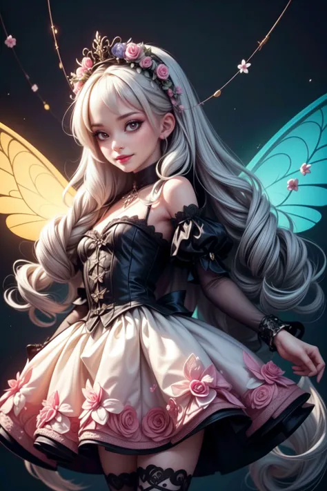 (masterpiece:1.4, best quality), (intricate details), unity 8k wallpaper, ultra detailed, 1girl, happy, smile, (light skin), Fairy goth outfit with ethereal clothing, wings, and floral headpieces, twin drills, absurdly long hair, chestnut, (Pastel goth:1.2), (Roger Ballen:1.4), <lora:more_details:0.8>