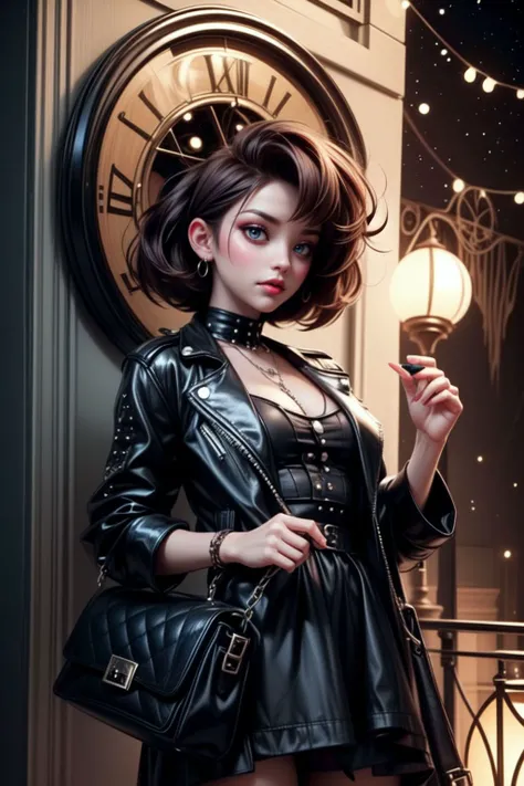 (masterpiece:1.4, best quality), (intricate details), unity 8k wallpaper, ultra detailed, 1girl, (light skin), Punk rockabilly goth outfit with a mix of punk and rockabilly elements, such as band t-shirts, leather jackets, and retro prints, shag, short hair, ash brown, Studded handbags, Deep blue eyeshadow with a winged liner, (Cosmic goth:1.2), (Clarence John Laughlin:1.4), Spooky haunted dollhouse with flickering lights, <lora:more_details:0.8>