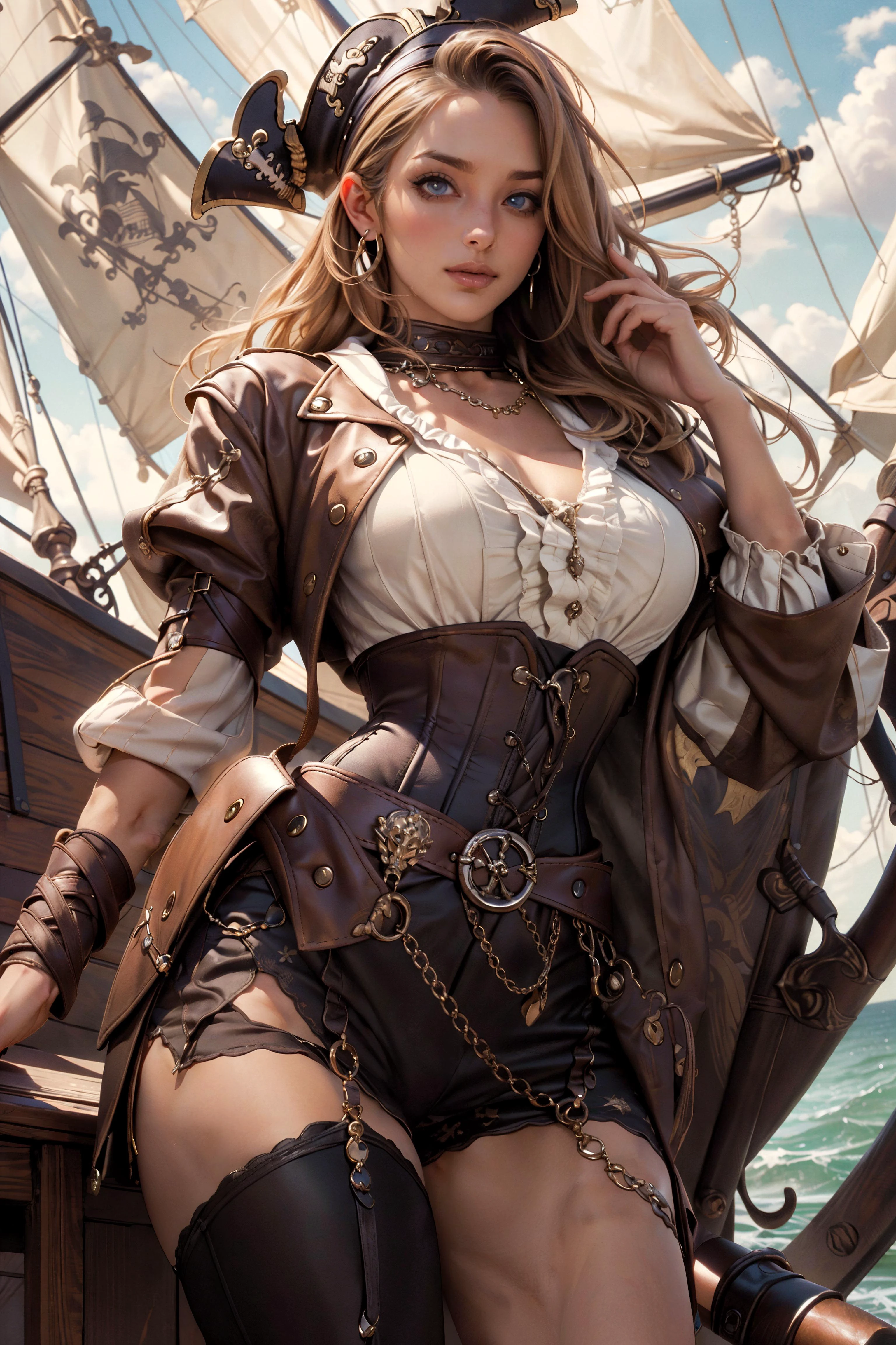 (masterpiece:1.3), (best quality:1.2), (intricate detailed:1.2), (hyperrealistic:1.2), (professional photograpy:1.1), highly detailed, illustration, absurd res, perspective, detailed background, background blur, focus, (MILF:1.2), mature woman, a female (pirate:1.25) with a sexy body figure, pirates attributes cloths, (medium breasts:1.2), perfect hands, detailed fingers, beautiful detailed eyes, perfect eyes, seductive eyes, brown eyes, black hair, long hair, hunting, medieval theme, fierce look, dynamic poses, pirate bandana, jewelry, necklace, eye patch, pirate white medieval shirt with ruffle collar and ruffle sleeve, pirate waist sash, corset, leather pants, belt, dark skin, long dress, gun holster, at pirate ship, nightview, (fantasy:1.2), looking at the viewer, dynamic angle shot, from the front, from below, from above, <lora:danni2D_e5:0.2>, <lora:adventurers_v1:1>,
<lora:sxz-niji-v2:0.4>, nijistyle, <lora:animeLeges:0.2>, high heels, stockings, lace trim, pantyhose, <lora:danni2D_e5:0.2>, <lora:odaNonStyle-v1.5newcraft:0.4>,