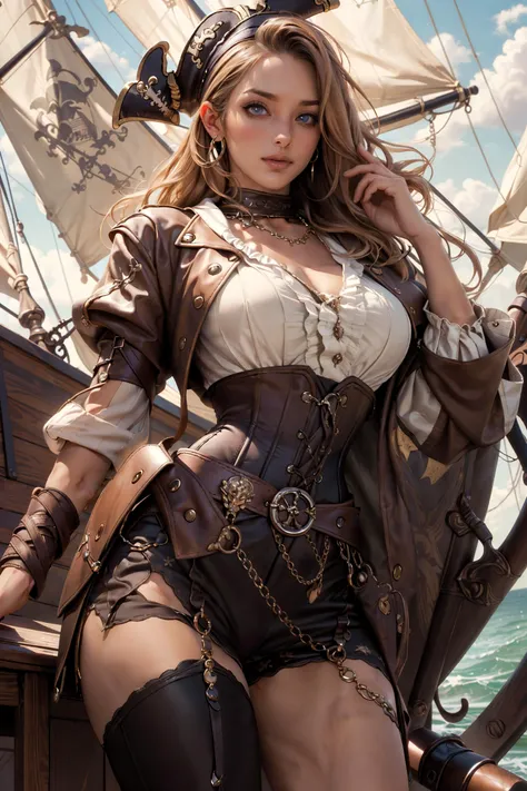 1 adult beautiful woman, Glamorous body,  long golden blonde braided hair, Blue eyes, seductive smile, Fancy makeup, heavy eye makeup, red-lips, ((Detailed and sexy steampunk costume, a pirate)), garter belts, Leather Accessories, long boots, realist, super realistic 8K, super detailed and realistic, Bold poses, Big breasts, Pose Seductive, cleavage. frilly skirt, holding sword, sitting, legs crossed