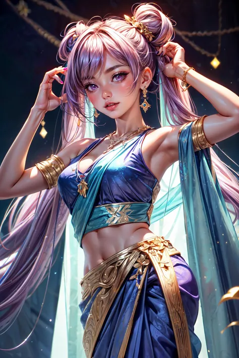 (saree:1.5),((keqing \(genshin impact\), blue nails, floating hair, hair between eyes, long hair, nail polish, pink eyes, purple hair, sidelocks, twintails))
((arms up, erotic pose, supermodel, bindi, jewelry, necklace, cinematography, chiaroscuro, feminine, exotic beauty, european girl, magic, fantasy)),
action, dynamic, adventure, motion blur, large breasts, happy, enjoying, shiny skin, fit, athletic, <lora:shinyskin_v7:0.2> <lora:add_detail:1.2>   <lora:keqing:0.5> ,