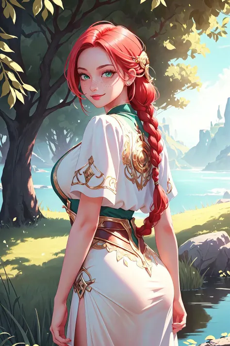 (masterpiece, best quality:1.4), (beautiful, aesthetic, perfect, delicate, intricate:1.2), (depth of field), octane render, wallpaper, 8k, 4k, hdr, wallpaper, unreal engine, unity engine,
cinematic light, sun reflection,
outdoors,
girl, (red hair), green eyes, freckles, (((Viking))), (braid), busty (ass), (smirk),
