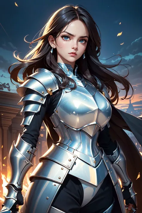 (masterpiece, best quality:1.4), (beautiful, aesthetic, perfect, delicate, intricate:1.2),(realistic:1.3), cinematic shot, cinematic lighting, (1girl), (perfect female form, perfect face, beautiful eyes, eyeliner, expressive eyes, angry expression), (long hair, hair in the wind), cute, adorable, (huge natural breasts, narrow waists), (armored knight:1.4), wearing a cape, holding sword, (warzone on background, night, ruins), (cowboy shot),