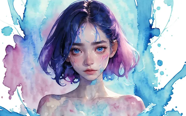 (watercolor nude portrait by agnes cecile:1.4),(Oval-shaped face,aqua+ almond-shaped eyes, thin brows, small upturned nose, bow-shaped lips:1),(medium length, curly:1),intricate mystical dreamlike melancholic maiden cobalt blue,hot magenta,vibrant,paint drips down cleavage,intense stare at viewer,white skin (masterpiece:1.2),(desktop wallpaper, sexy pose)