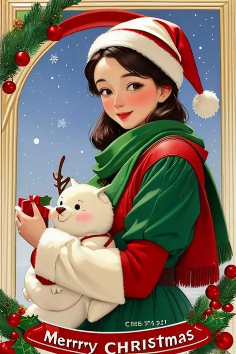 in the style of Norman Rockwell, vintage post card celebrating Christmas, winter theme, "MERRY CHRISTMAS!"