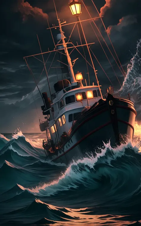 Arafed boat in the ocean with a light on top of it - SeaArt AI