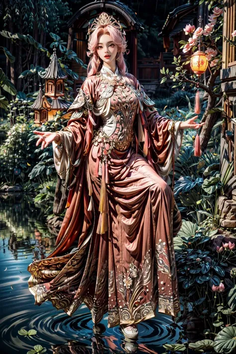 <(best quality, extremery best quality, masterpiece:1.4), (realistic, intricate details:1.4), (photorealistic:1.4), (extremely intricate:1.4), highres, ultra highres, ultra detailed, ultra-detailed, absurdres, incredibly absurdres, extremely detailed, high quality, high resolution, hyperrealistic, ultra-realistic, hyper-detailed, top quality, best, fine detail, massive detail, Highly detailed, extreme detailed, highest detailed, high-res, absolutely resolution, reflection, (refraction:1.4), (hyperrealism:1.4)>, BREAK, (1girl:1.3), solo, looking at viewer, (young cute beautiful 18-year-old girl:1.4), 3d face, (hand of Guido Daniele:1.4), beautiful girl, Beautiful face, pretty, girlface, kpop idol, supermodel, stunning innocent symmetry face, perfect body, medium breast, slim waist, slim legs, (high detailed skin:1.5), glowing eyes, goddess, natural skin texture, shiny skin, White skin, Beautiful detailed face, detailed face, real skin texture, cute delicate face, finely detailed face, golden ratio, golden ratio face, expressive eyes, perfect face, perfect skin, flawless face, clear face, shiny hair, pale skin, Proper body proportion, perfect anatomy, realistic skin texture, luscious lips, glossy lips, natural makeup, beautiful bright pupils, slender figure, intricate eyes, detailed pupils, detailed face and eyes, longeyelashes, blush, good hand, perfect hands, pretty face, beautiful female bodies, finely detailed skin, oily shiny skin, clean facial features, an extremely delicate and beautiful, cute & girly, beautiful detailed eyes, stars in the eyes, detailed simmetric eyes, perfect smooth skin texture, BREAK, (((((standing, (white/blue/red/black/green/pink/yellow chinese shirt),(white/blue/red/black/green/pink/yellow chinese long skirt), (dancing, smile, Pink hair, Pink eye, long hair, Pink eyelashes, Pink lips, Pink lip colour, Eyes glowing Pink, flat bangs, happy expression), (lotus, hair ornament, water, dancing with butterfly, chinese traditional architecture, in the garden, floral background, brilliant colors, long_hair, nail_polish, jewelry, ancient art, chinese style), (night, Night time, moon light, sky, landscape, aurora borealis, stars, outdoors, Chinese, Pink fireworks, Sakura tree background:1.4), (lake background, mountains, full moon background, night lake shore, river, forest, chinese style countryard, lanterns, pond, cobblestone pathway, building pavilion, chinese buildings, moutains, misty lake, ancient chinese background, puddle, after the rain, petals falling, wet grass and trees, flower sea, in a meadow, waterfall, breeze, flying splashes, flying petals, leaves, bloom, bloom effect, surrounded by heavy floating petal flow, petal, Pink butterfly, flower, detailed beautiful grassland with petal, flowers, plants, Pink rose, many Pink roses, leaves falling from the tree, dust is drifting, ethereal, scenery, nature, mysterious background:1.4), (iridescent colors, Iridescence, blush, mysterious, fantasy background, fantasy, open mouth:1.2), (fog, wind:1.2), (Luminescent Particles:1.3), (fullbody:1.2), (eye focus, face focus, character focus, close-up face:1.2), (dutch angle, cowboy shot:1.3), colorful refraction)))), BREAK, <watercolor, available light, detailed light, volumetric fog, beautiful lighting, Rembrandt lighting, Cinematic, pixel art, game art, key visual, surreal, PBR Texturing, Anisotropic Filtering, Maximum Clarity And Sharpness, Albedo And Specular Maps, Multi-Layered Textures, Surface Shading, Sub-Pixel Convolution, Sub-Pixel Convolution, Accurate Simulation Of Light-Material Interaction, blurry foreground, broad light, volumetric light effect, matte painting, perfectly defined features, volumetric lighting, Tone Mapping, Lumen Reflections, Global illumination, Ray Tracing, Screen Space Global Illumination, Accent Lighting, 32k, Natural Lighting, volumetric, cinematic masterpiece, Rule of thirds, high dynamic range, Multi-exposure HDR capture, cinematic render, game cg cinematic, atmospheric perspective, movie scene, epic dynamic frame, motion blur, ((cinematic look, Film look)), rim light, 4k textures, adobe lightroom, photolab, insane details, hyperdetailed, exposure blend, professional color grading, professional color correction, aerial perspective, particles and dust in beams of light, cinematic scene, dynamic lighting, sharp details, lomography, soft focus, light leaks, bold hues, atmospheric depth, (explosive light and shadow:1.2), aesthetics, intricate designs, ultra realistic digital art, (zentangle, mandala, tangle, entangle), (fractal art), elegant, vivid colours, floating particles, particles, dramatic, epic, (ink drawing, oil painting detailed), (dramatic lighting:1.2), RAW, huge filesize, extremery detailed CG, Photo, 8k uhd, cinematic atmosphere, trending on artstation, award-winning glamour photograph, highly detailed photo, official art, beautiful and aesthetic, unity 8k wallpaper, beautiful, highly detailed CG illustration, best illustration, intricate, Amazing, emotional, analog, painting, digital painting, concept art, Oil Painting, illustration, Classical art, Renaissance, Romanticism, Neoclassicism, Color Palette, depth and contrast, Vibrant colors, saturated, rich saturation, color harmony, vivid palette, concept-art, design style, detail character, concept render, colorful, analog photography, dreamy atmosphere, specular highlights, atmospheric lighting, (dynamic angle, dynamic pose :1.3), (shiny, clothes reflecting light, lens flare, bloom effect, light particle, lens glare:1.3), realistic lighting, cinematic light, (cinematic lighting), light in the face, soft lighting, saturated colors, detailed background, sharp focus, 8k high definition, perspective, Master Composition, roughness, post-processing, soft shadows, realistic shadows, ambient occlusion, ray-tracing, subsurface scattering, photon mapping, physically-based rendering, octane rendering, unreal engine 5, ue5 rendering, Adobe After FX, dslr, RTX, Best character details, radiosity, sharp, antialiased, RAW photo, HDR, 8k, 4k, (((Photographed by Roger Deakins, using a RED Monstro 8K VV camera and a series of high-end lenses))), ((Hasselblad photography)), (film grain:1.4), Kodak portra 400, ((Fujifilm X-T5)), professional photograph, depth of field, caustics, Broad lighting, diffuse lighting, rim lighting, two tone lighting, textile details, visible pores, high resolution scan, professionally color graded, photographic reality, automatic white balance, best lighting, detailed shadow, high contrast, strong light and shadow>, (PureErosFace_V1:0.5), (ulzzang-6500:1), <lora:epiNoiseoffset_v3:2>, <lora:add_detail:2>, <lora:hipoly_3dcg_v7-epoch-000012:0.6>, <lora:zhongfenghuaxiyou-000018:0.2>, zhongfenghua, <lora:hanfu_ming:0.8>, kbxll