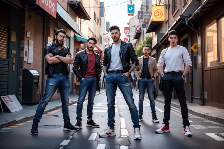 Masterpiece, ultra high quality, RAW, angry men, a mafia group fights with a man in a small alleyway at night, jeans, denim BEARD, screaming expression, night time, 3 guys, multiple boys, wide shot, long shot