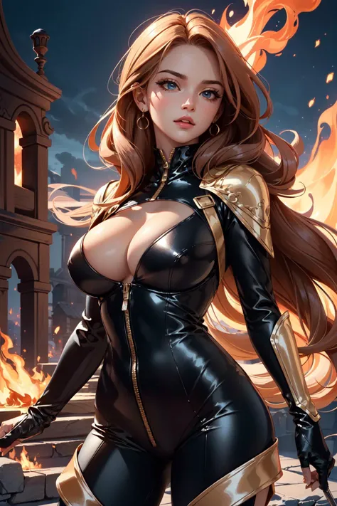(masterpiece, best quality:1.4), (beautiful, aesthetic, perfect, delicate, intricate:1.2),(realistic:1.3), cinematic shot, cinematic lighting, (1girl, solo), (perfect face, beautiful eyes, eyeliner, expressive eyes), (orange long wavy hair), cute, adorable, (gigantic breasts, narrow waists), (black bodysuit, detailed bodysuit, delicate bodysuit, cleavage, cut out clevange), night, in the dark, at ruins, pyromancer, fire magic, flame control, combustion, fiery spells, burning, (cowboy shot),