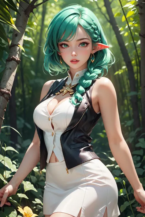 (masterpiece, best quality:1.4), (beautiful, aesthetic, perfect, delicate, intricate:1.2), (realistic:1.3), (depth of field:1.2), octane render, wallpaper, 8k, 4k, hdr, wallpaper, unreal engine, unity engine, (cute, adorable), cinematic shot, soft lighting, natural lighting, (1girl, solo:1.4), (perfect female form, perfect face, glossy lips, eyeliner), (green hair, thick braid), (natural breasts, narrow waists), pointy ears, white leather tight vest, detailed vest, delicate vest, leather skirt, golden details, bare shoulders, in the forest, rounded by flowers, (cowboy shot:1.4),