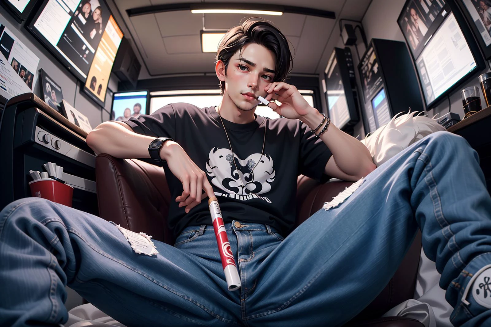Masterpiece, ultra high quality, RAW, a boy who takes drugs and smokes with a mafia group in a living room at night, smoking, jeans, denim BEARD, night time, 3 guys, multiple boys, cigarettes, smoking <lora:fisheye_slider_v10:1.5>
