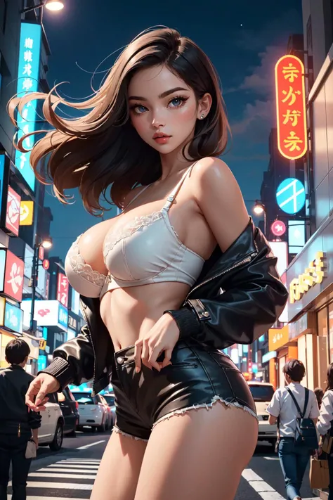 (masterpiece, best quality:1.4), (beautiful, aesthetic, perfect, delicate, intricate:1.2), (depth of field), (cute, adorable), (realistic:1.3), cinematic shot, moody lighting, (1girl, solo), (perfect female form, perfect face, thick lips, glossy lips, parted lips, expressive eyes, eyeliner), (long black messy hair), (huge natural breasts, narrow waists), bare shoulders, (detailed open leather jacket, delicate bra, short shorts, black shorts), (posing, very sexy pose), (on city, at night:1.4), (tokyo aesthetics, luminous signs, neon), windy, (cowboy shot),