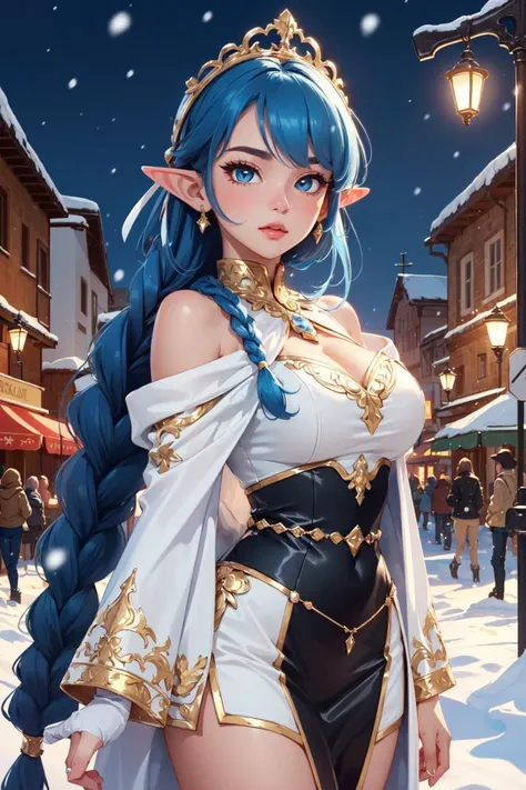 (masterpiece, best quality:1.4), (beautiful, aesthetic, perfect, delicate, intricate:1.2), (depth of field:1.4), (cute, adorable), cinematic shot, soft lighting, (1girls, solo:1.4), (perfect female form, perfect face, glossy lips, eyeliner), (blue hair, thick braid), (gigantic natural breasts, narrow waists), elf girl, pointy ears, detailed delicate cloak, blue clothes, on a medieval city, fantasy city, snowing, snowdrop, (at night), (cowboy shot),