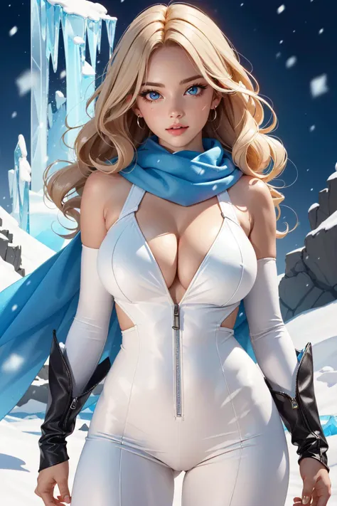 (masterpiece, best quality:1.4), (beautiful, aesthetic, perfect, delicate, intricate:1.2),(realistic:1.3), octane render, cinematic shot, cinematic lighting, (depth of field:1.2), (1girl, solo), (perfect female form, perfect face, beautiful eyes, eyeliner, expressive eyes), (white long wavy hair:1.4), cute, adorable, (huge natural breasts, narrow waists), (white bodysuit, detailed bodysuit, delicate bodysuit, cleavage, cut out clevange, blue scarf), night, in the dark, (at a ice cave), snowing, ice magic, ice control, ice spells, freezing, (cowboy shot),