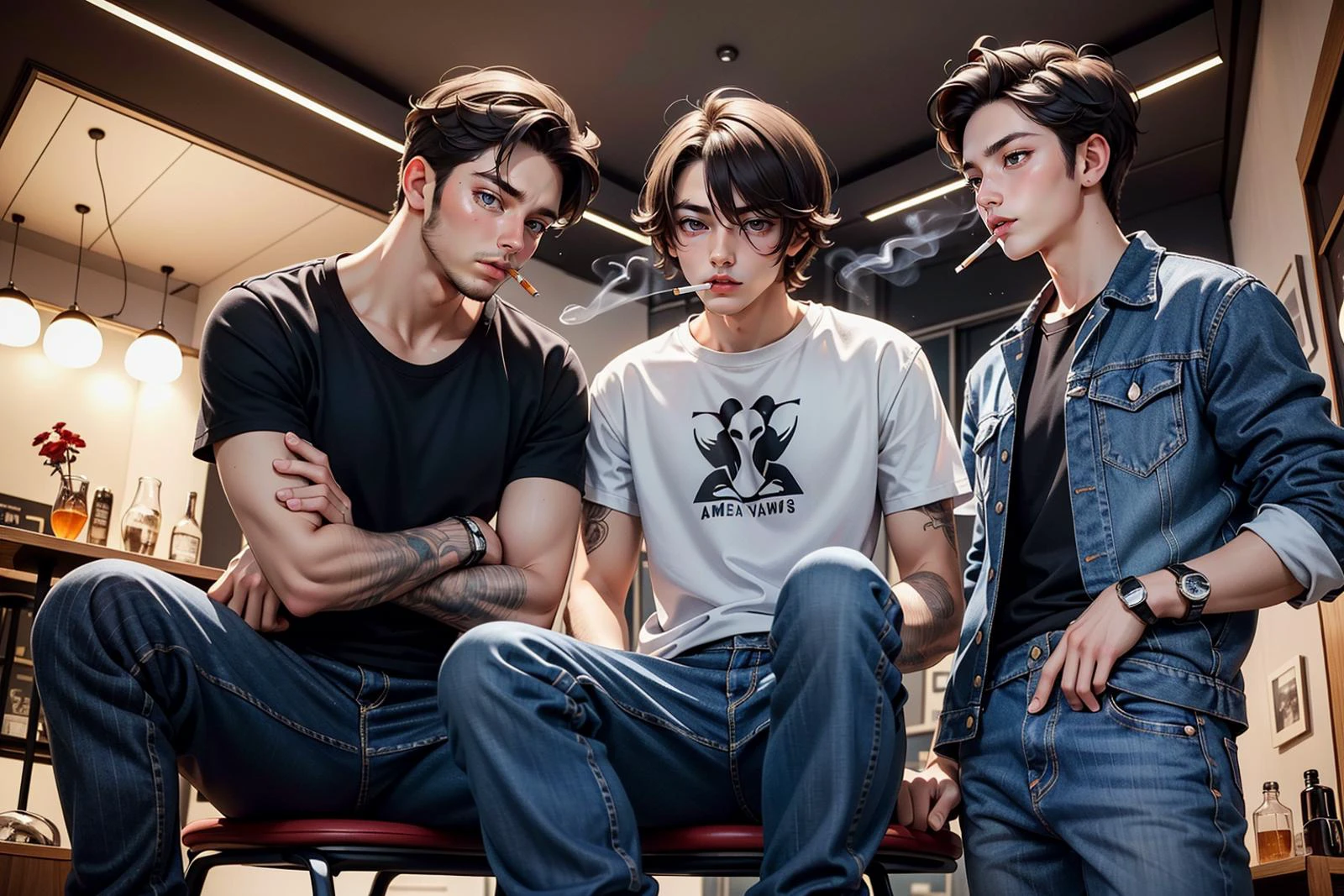 Masterpiece, ultra high quality, RAW, a boy who takes drugs and smokes with a mafia group in a living room at night, smoking, jeans, denim BEARD, night time, 3 guys, multiple boys, cigarettes, smoking <lora:fisheye_slider_v10:1.5>