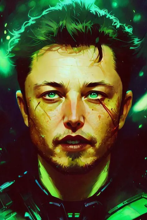 close portrait of elon musk ,dramatic lighting, green mist, dark, illustration by Greg rutkowski, yoji shinkawa, 4k, digital art, concept art, trending on artstation