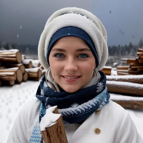 cinematic photo center of view of the camera for a beautiful smiling  cute female   in a colored headscarf is standing in the middle of a (snowy:1.5) ,blue eyes detailed, river background (huge storm:1.2),(rain:1.5),(fire wood:1.2) . 35mm photograph, film, bokeh, professional, 4k, highly detailed