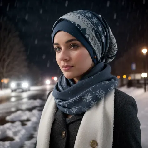 cinematic film still center of view of the camera for a beautiful female in a colored headscarf is standing in the middle of a snowy street.,eyes detailed, river background, moon night,huge storm,rain . shallow depth of field, vignette, highly detailed, high budget, bokeh, cinemascope, moody, epic, gorgeous, film grain, grainy