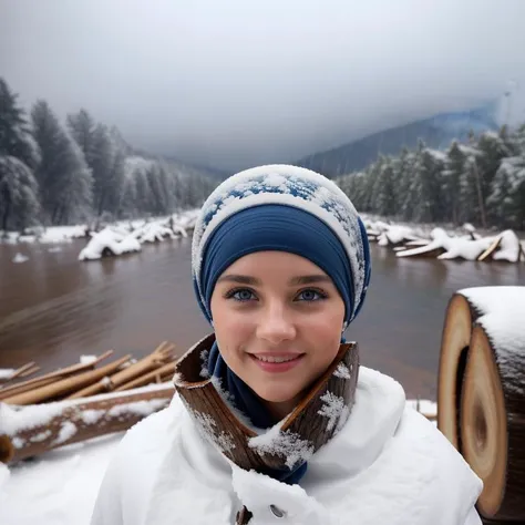 cinematic photo center of view of the camera for a beautiful smiling  cute female   in a colored headscarf is standing in the middle of a (snowy:1.5) ,blue eyes detailed, river background (huge storm:1.2),(rain:1.5),(fire wood:1.2) . 35mm photograph, film, bokeh, professional, 4k, highly detailed