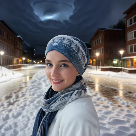 cinematic photo center of view of the camera for a beautiful smiling  female in a colored headscarf is standing in the middle of a (snowy:1.5)street.,blue eyes detailed, river background, moon night, (huge storm:1.2),(rain:1.5) . 35mm photograph, film, bokeh, professional, 4k, highly detailed