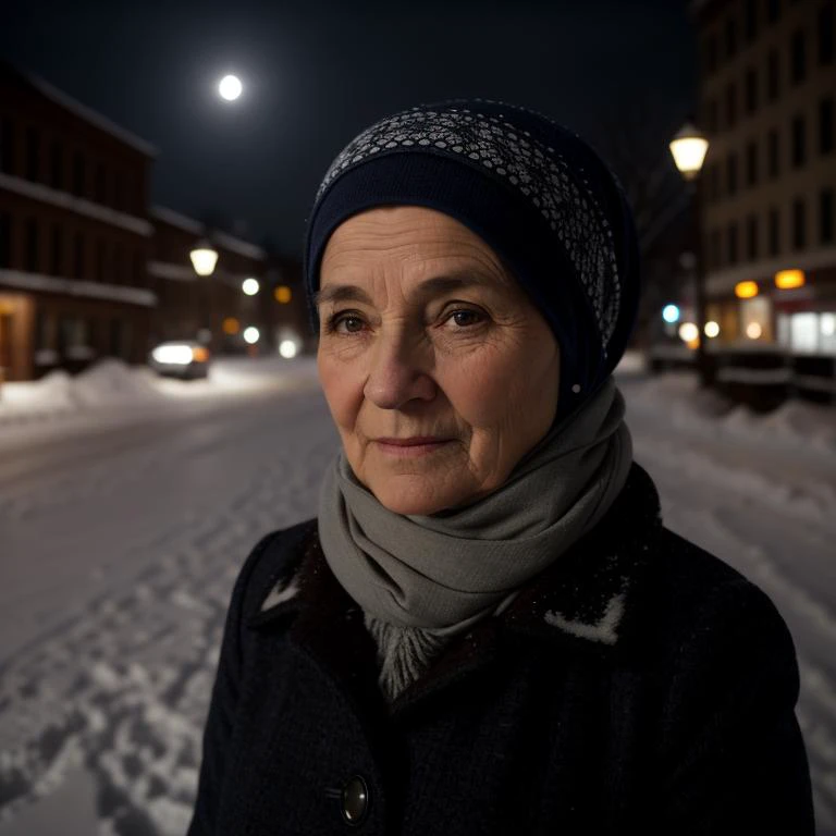 cinematic film still center of view of the camera for An old woman in a colored headscarf is standing in the middle of a snowy street.,eyes detailed, river background, moon night, . shallow depth of field, vignette, highly detailed, high budget, bokeh, cinemascope, moody, epic, gorgeous, film grain, grainy