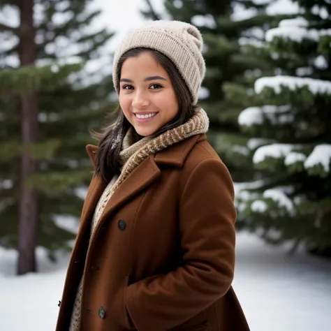 cinematic film still center of view of the camera for a  young woman wearing a brown coat and a brown headscarf is standing in the snow. She has a beautiful smile and is looking at the camera. The background is blurred.
 . shallow depth of field, vignette, highly detailed, high budget, bokeh, cinemascope, moody, epic, gorgeous, film grain, grainy