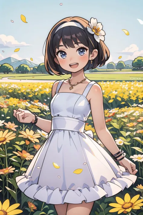 1girl, flower, solo, short hair, dress, smile, hair ornament, open mouth, hair flower, blush, white dress, looking at viewer, day, field, jewelry, hairband, bracelet, petals, flower field