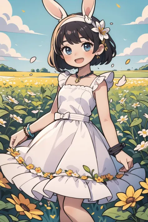 1girl, flower, solo, short hair, dress, smile, hair ornament, open mouth, hair flower, blush, rabbit, white dress, looking at viewer, day, field, jewelry, hairband, bracelet, petals, animal, flower field