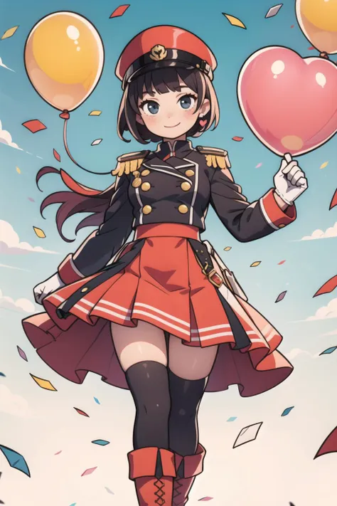 1girl, skirt, band uniform, solo, smile, hat, thighhighs, instrument, gloves, fingerless gloves, red skirt, looking at viewer, epaulettes, white gloves, balloon, pleated skirt, shako cap, boots, white thighhighs, day, long sleeves, standing, confetti, uniform, heart, holding, bangs, sky, zettai ryouiki