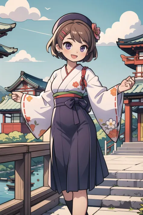 1girl, koizumi hanayo, japanese clothes, solo, bicycle, hat, hakama, hakama skirt, ground vehicle, short hair, floral print, kimono, purple eyes, brown hair, smile, skirt, bridge, hair ornament, open mouth, day, east asian architecture, outdoors, hairclip, architecture, flower, sky, meiji schoolgirl uniform, looking at viewer, wide sleeves, :d, cloud, building, railing, water