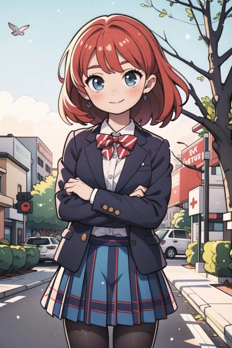 1girl, solo, skirt, pantyhose, school uniform, smile, bow, blazer, jacket, v arms, bowtie, plaid skirt, looking at viewer, striped bow, plaid, striped bowtie, winter uniform, blue bowtie, blue bow, pleated skirt, long sleeves, striped, outdoors, blue skirt, black pantyhose, blush, building, own hands together, cowboy shot, standing, tree, shirt, day