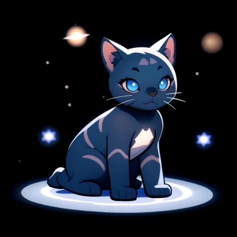 centered, cute cosmic blue cat sitting, black background, simple background, | depth of field, bokeh, | smooth detailed shadows, hyperealistic shadows, (saturated colors:1.2) |