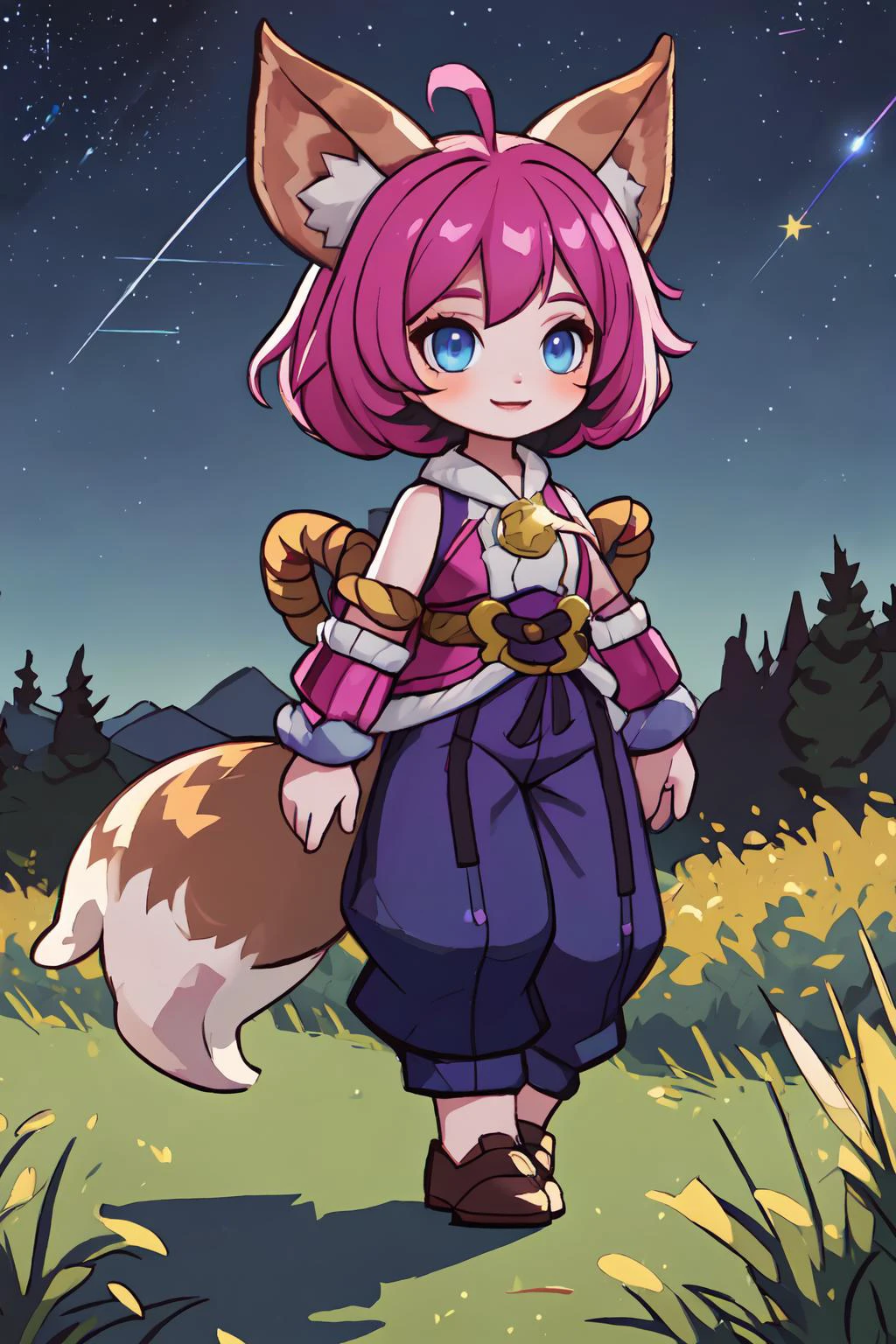 (hyperrealism:1.4), masterpiece, best quality, extremely-detailed, (((centered, full shot from front))), portrait, looking-at-viewer, full body portrait, detailed background, (((midnight))), (starry night), <lora:Nana-Feline_Wizard:0.8>, nana_fw, forest backgroudn, sparkle, baggy pants, , rope knot, puffy tail, blue eyes, smile,