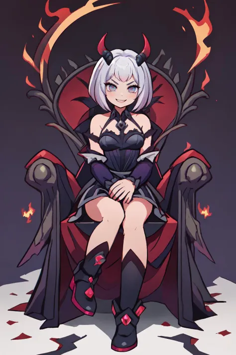 masterpiece, best quality, ultra high res, 1girl, cute, ((puffy eyes)), looking at viewer, full body, facing front, detailed face, detailed eyes, <lora:Alice-Queen_of_Blood:0.8>, alice_qb, hellish palace background, flames, malefic face, evil, evil smile, sitting on throne,