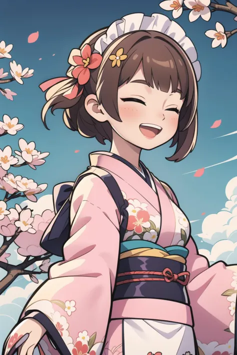 1girl, closed eyes, japanese clothes, solo, short hair, hair ornament, smile, flower, brown hair, open mouth, cherry blossoms, kimono, hair flower, frills, petals, floral print, ^_^, sash, :d, night, maid headdress, wide sleeves, ribbon, dutch angle, sky, obi,