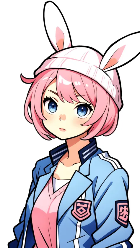 (thick lips), <lora:nobara:0.7>kugisaki nobara, closed mouth, blue eyes, school uniform, short hair, jacket, upper body, 1girl, lips, pink hair, solo,bunny ears beanie,simple background,