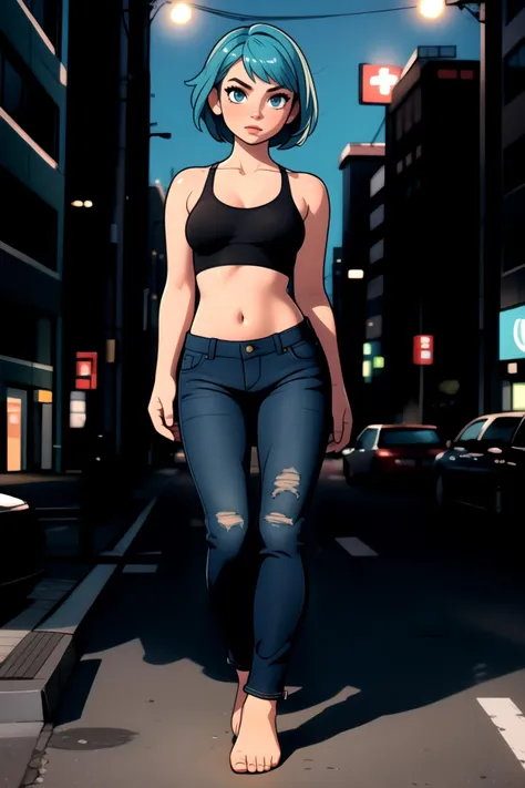 centered, award winning full body shot portrait, full body, (beautiful detailed eyes), (gorgeous woman face), | solo, 1girl, short hair, aqua hair color, dark blue eyes color, | (black crop top, lowleg denim jeans, barefoot, (small breasts:1.2), | sunset, city, tokyo, buildings, city lights, | depth of field, bokeh, | smooth detailed shadows, hyperealistic shadows, (saturated colors:1.2) |