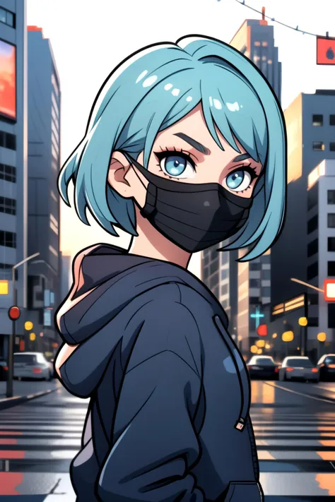 centered, masterpiece, face portrait, (frontal view, looking at front, facing viewer:1.2), | 1girl, solo, aqua hair color, short hairstyle, light blue eyes, | (black mouth mask:1.2), dark blue hoodie, | city lights, sunset, buildings, urban scenery, | bokeh, depth of field,