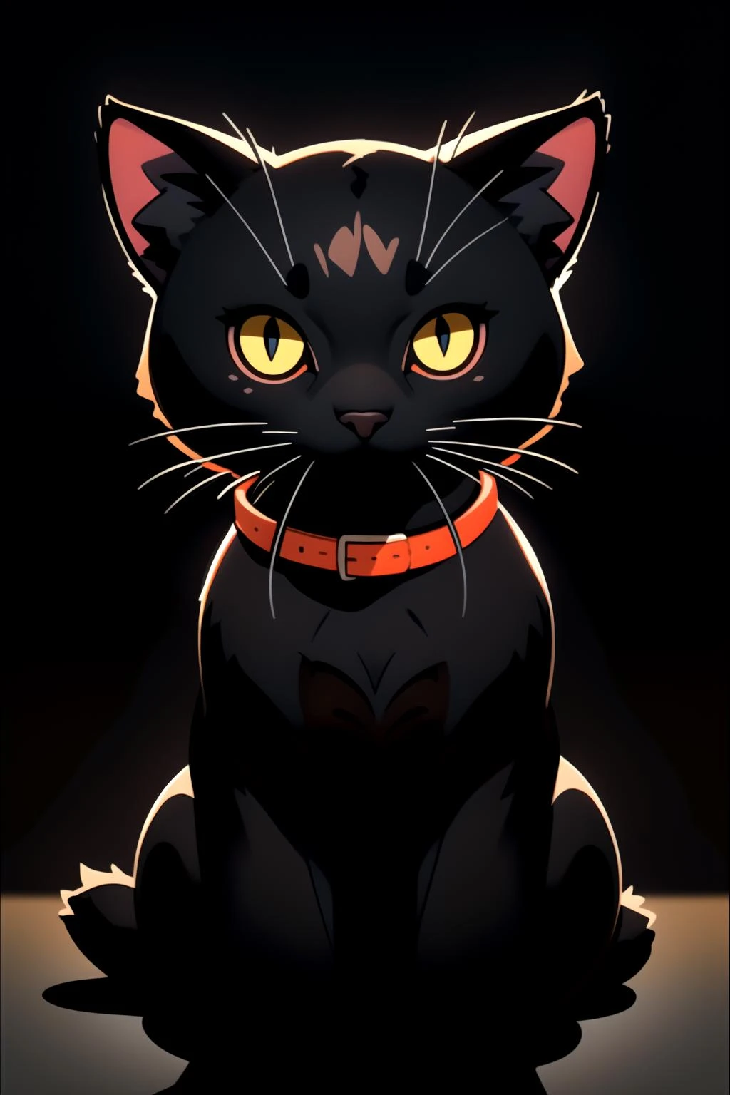 centered, black cat sitting, black background, simple background, | depth of field, bokeh, | smooth detailed shadows, hyperealistic shadows, (saturated colors:1.2) |