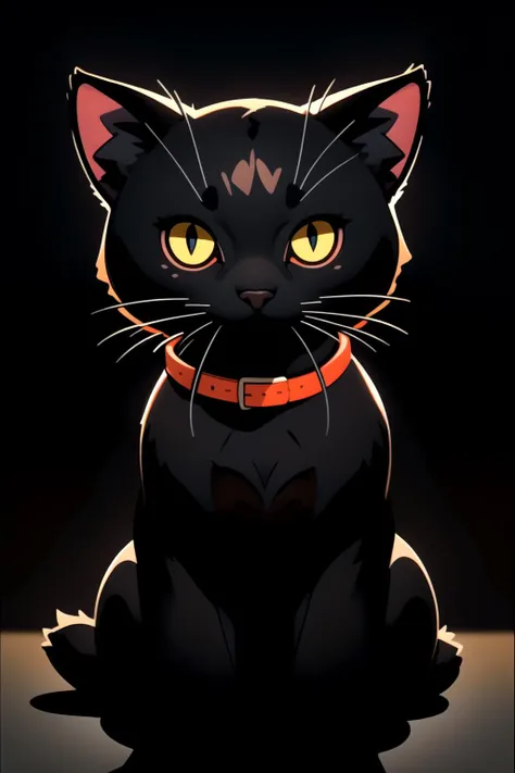 centered, black cat sitting, black background, simple background, | depth of field, bokeh, | smooth detailed shadows, hyperealistic shadows, (saturated colors:1.2) |