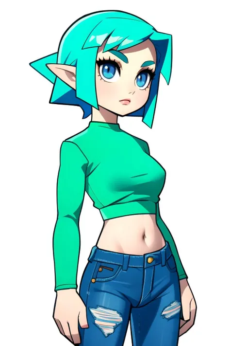 (looking at viewer:1.2), 3d, (n64style:1.3), ocarinaoftime, screenshot of a nintendo 64 game, n64, | polygonal graphics, centered, upper body, woman, masterpiece, | (beautiful detailed eyes:1.2), short hair, (aqua hair color), (light blue eyes:1.2), (blue long sleeve crop top, midriff, navel, lowleg denim jeans, | (white background:1.2), (simple background), | n64style, majorasmask